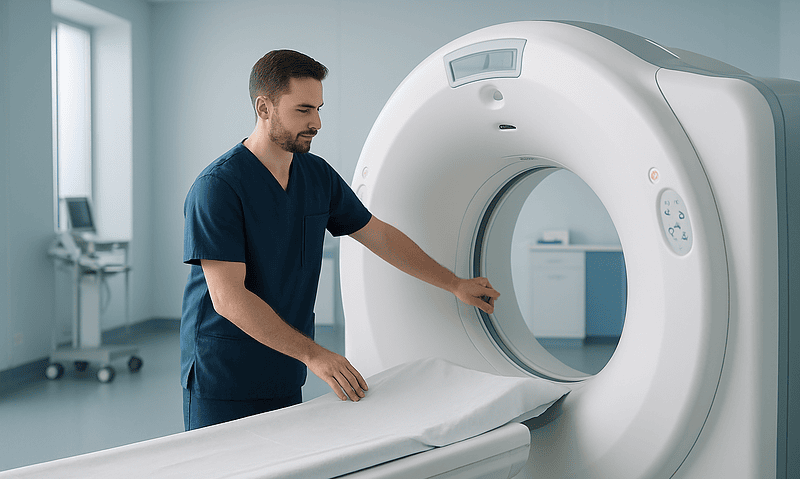 Medical technician prepares MRI machine in hospital setting.