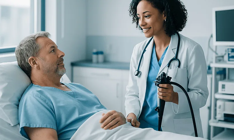Doctor consulting with a patient in a hospital room.