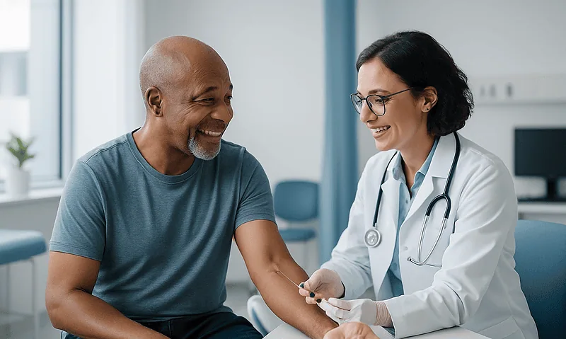 Doctor drawing blood from a smiling patient in a hospital setting.