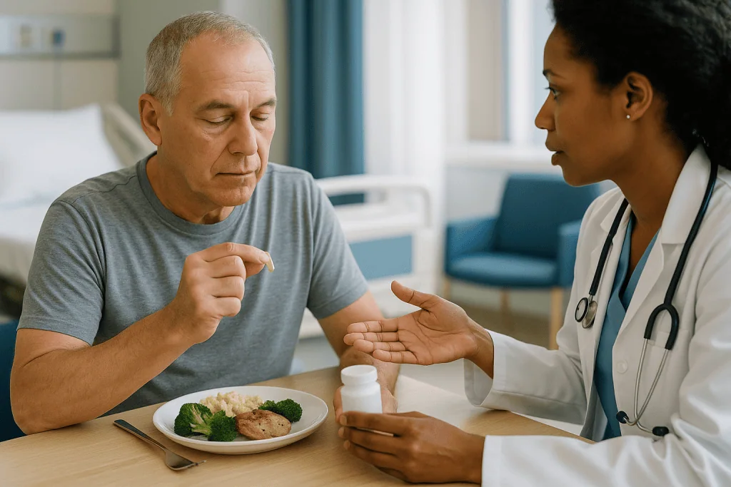 Doctor consulting patient about nutrition and diet: How enzyme replacement after pancreatic surgery actually works