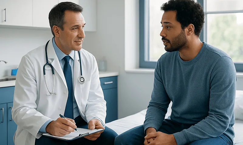 Doctor consulting with a patient in a medical office setting.