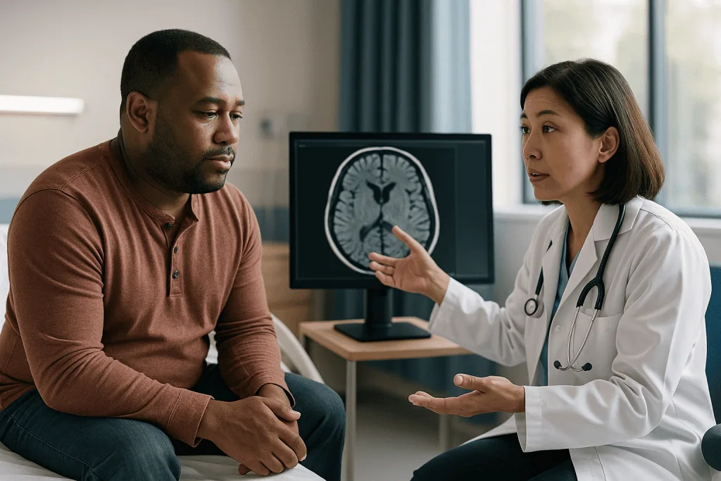 Doctor reviewing brain MRI scan with male patient: How epilepsy surgery actually works in plain language