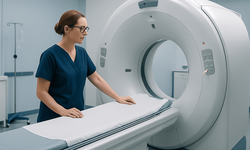 Medical professional prepares patient for CT scan in hospital.
