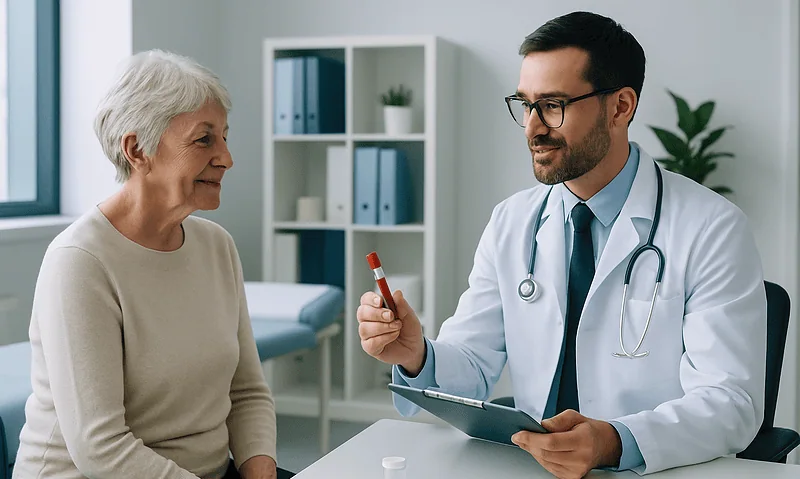 Doctor explaining blood test results to elderly woman in clinic.