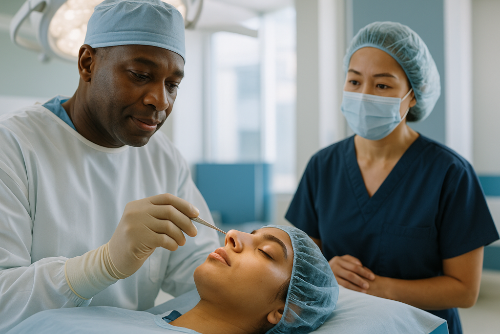Surgeon examining patient's nose with assistant observing: How ethnic rhinoplasty actually works: what happens in the operat