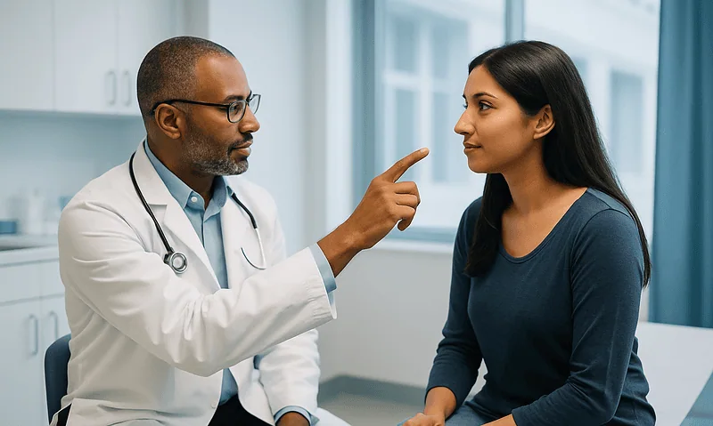 Doctor consulting with patient about ethnic rhinoplasty options in clinic.