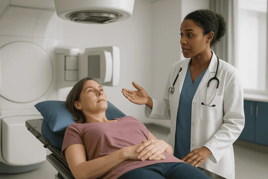 Doctor consulting with female patient in medical facility: How external radiation actually works, in plain language