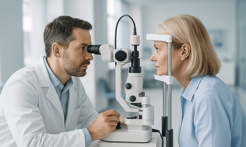 Optometrist examines patient's eyes using slit lamp in clinic setting.