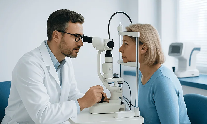 Ophthalmologist examining patient with slit lamp in clinic.