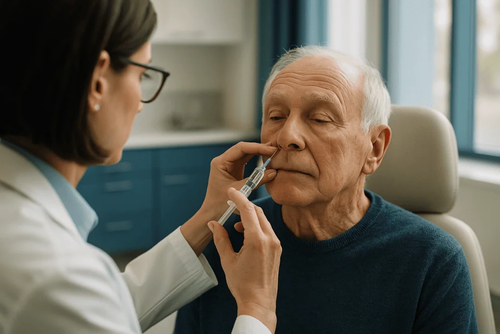 Healthcare provider administering nasal medication or spray to elderly patient: How eye injections for macular degeneration 
