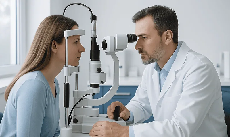 Ophthalmologist examines patient's eye with slit lamp in clinic.