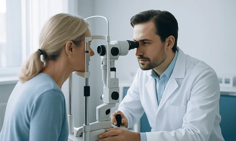 Ophthalmologist examining a patient with a slit lamp in a clinic setting.