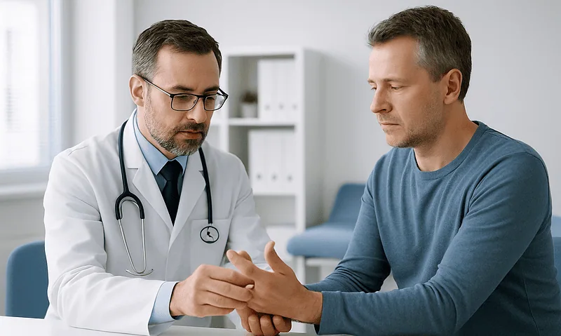 Doctor examining patient's wrist in consultation room at Acibadem Hospital.