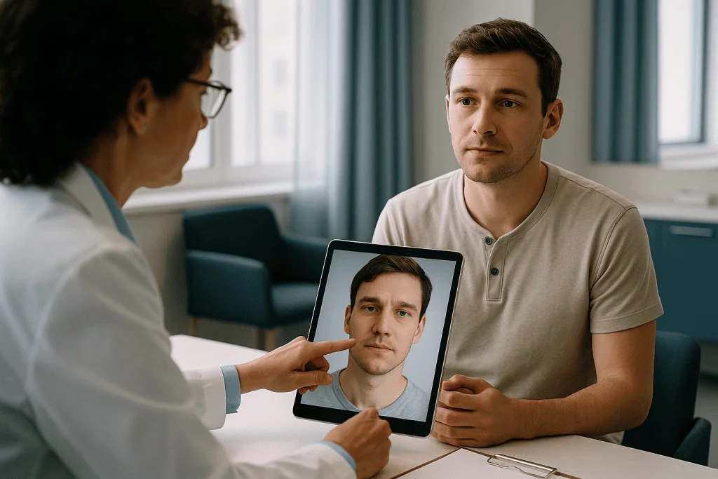 Doctor showing patient facial image on tablet screen: How facial asymmetry treatment is planned: what actually happens at th