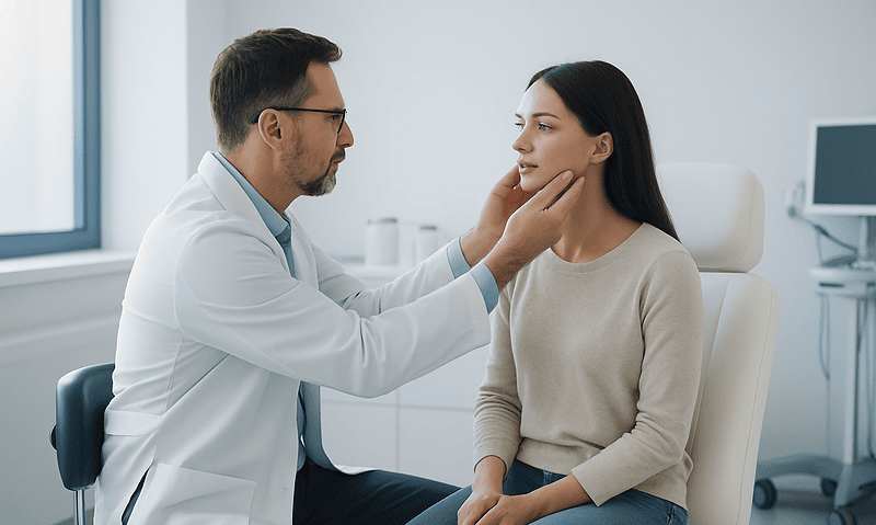 Doctor examining woman's face in consultation room at Acibadem Hospital.