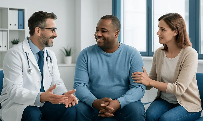 Doctor talking to a patient with a supportive partner in a medical consultation room.