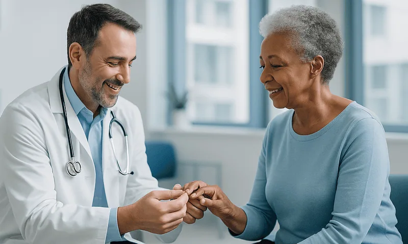 Doctor examining elderly woman's fingernail in a clinic setting.