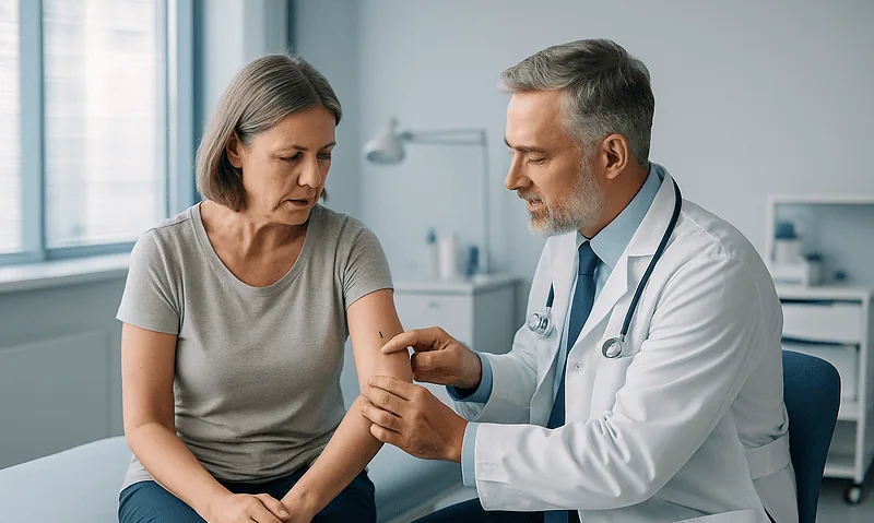 Doctor examining a woman's arm in a medical consultation room.