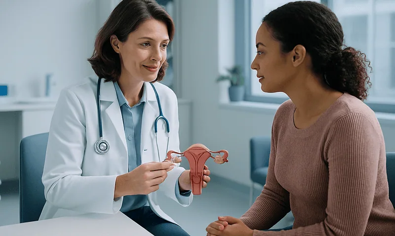 Doctor explaining ovarian health to a patient in a clinic setting.