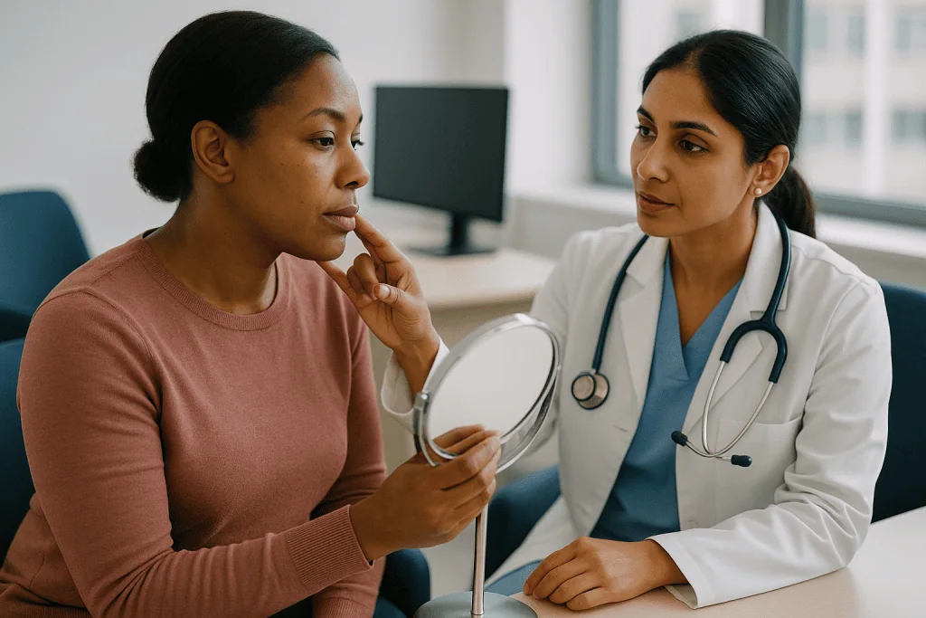 Female doctor consulting patient with hand mirror: How fat grafting rebuilds volume after over-removal