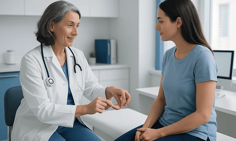 Doctor consulting with young female patient in a medical office.