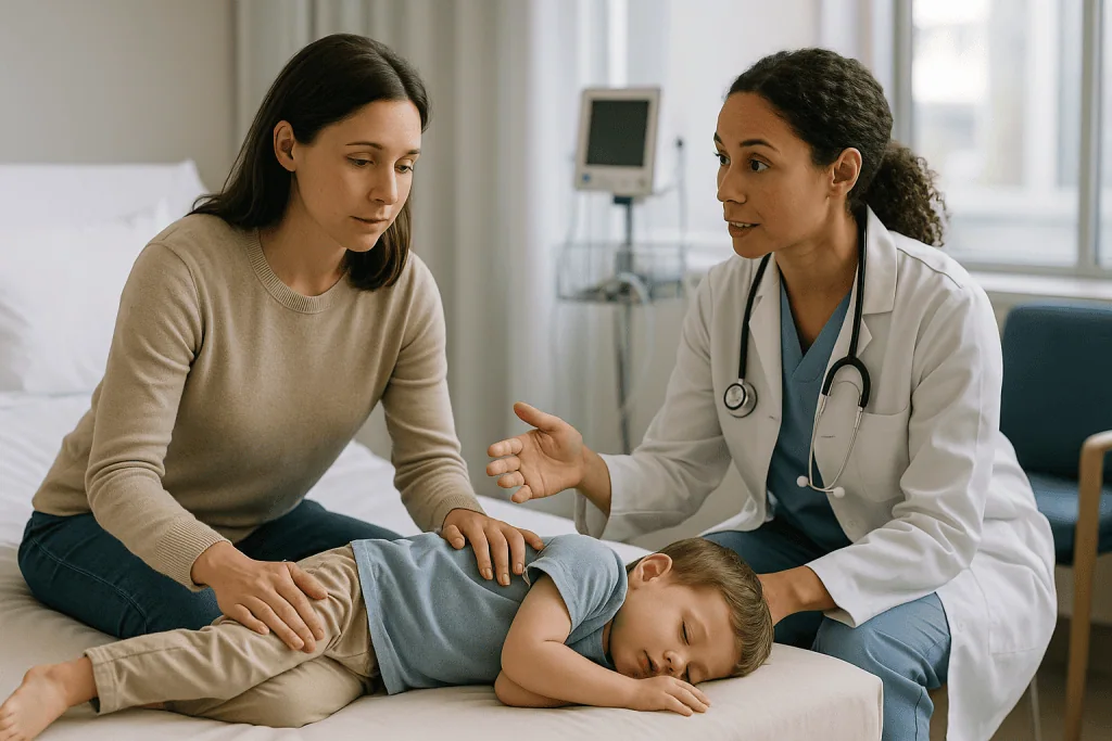 Doctor examining young child with mother present: How febrile seizure first aid works: the recovery position for seizures, s