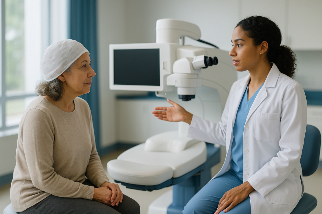 Ophthalmologist consulting with older female patient in clinic: How femtosecond laser cataract surgery works, step by step
