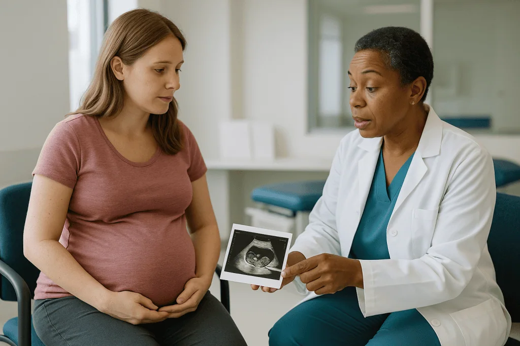 Pregnant woman consulting doctor reviewing ultrasound image: How fetal surgery for spina bifida actually works