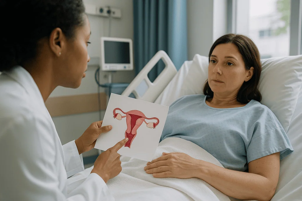 Doctor discussing fibroid anatomy diagram with patient in hospital bed: How fibroid surgery works: what actually happens in 