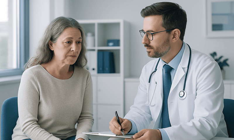 Doctor consulting with an older woman in a medical office setting.
