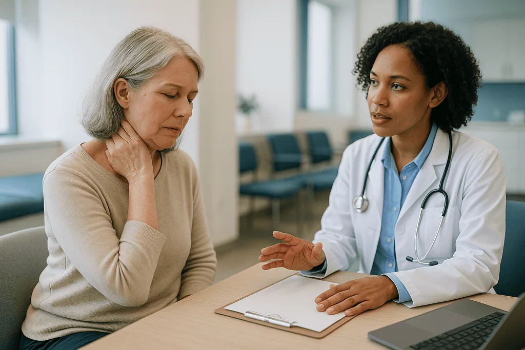 Doctor consulting with older female patient at desk: How fibromyalgia works: central sensitization in plain language