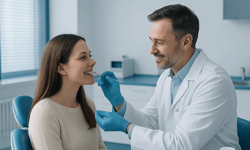 Dentist examining a young woman's teeth in a modern clinic setting.
