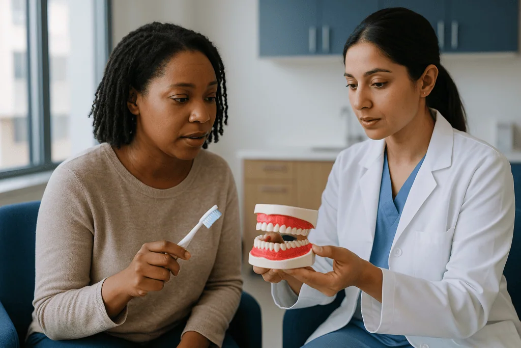 Dentist explaining dental model to patient consultation: How fluoride strengthens enamel: the mineral swap explained