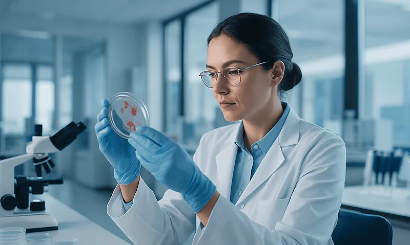 Female scientist examining bacterial culture in a petri dish at a laboratory.
