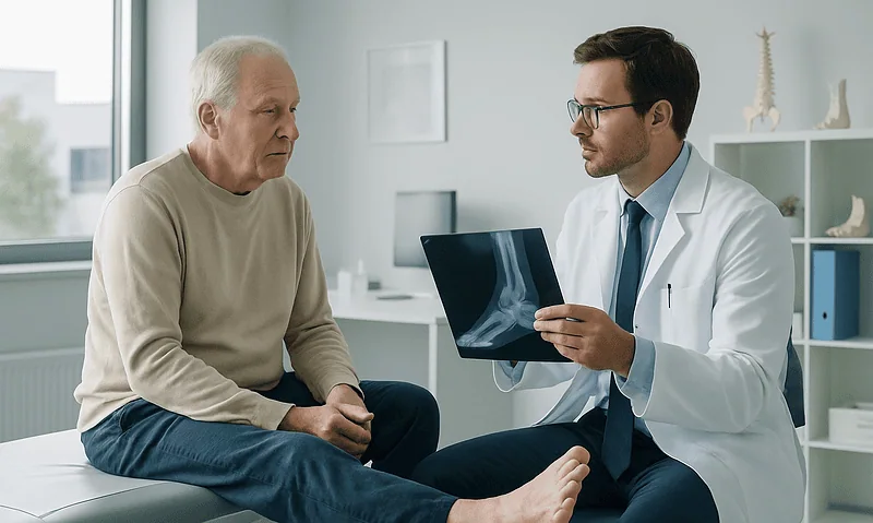 Orthopedic doctor explaining foot X-ray to elderly patient in clinic.