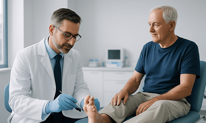 Foot examination by a doctor for bunion or foot issues at Acibadem Hospital.