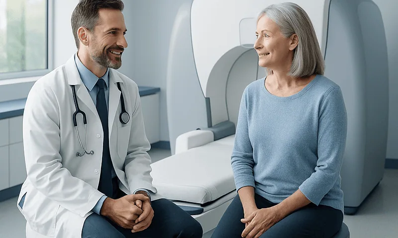 Doctor consulting with an elderly female patient in a medical imaging room.