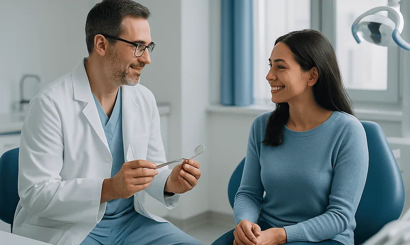 Dentist consulting with a patient in a dental clinic setting.