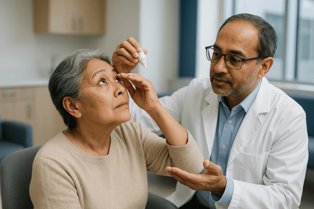 Ophthalmologist examining senior patient's eye with instrument: How glaucoma eye drops work: the main classes and what they 
