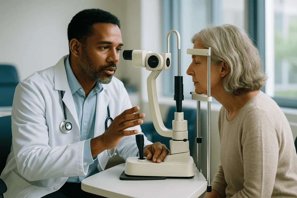 Ophthalmologist examining elderly patient with tonometry equipment: How glaucoma treatment actually works inside the eye