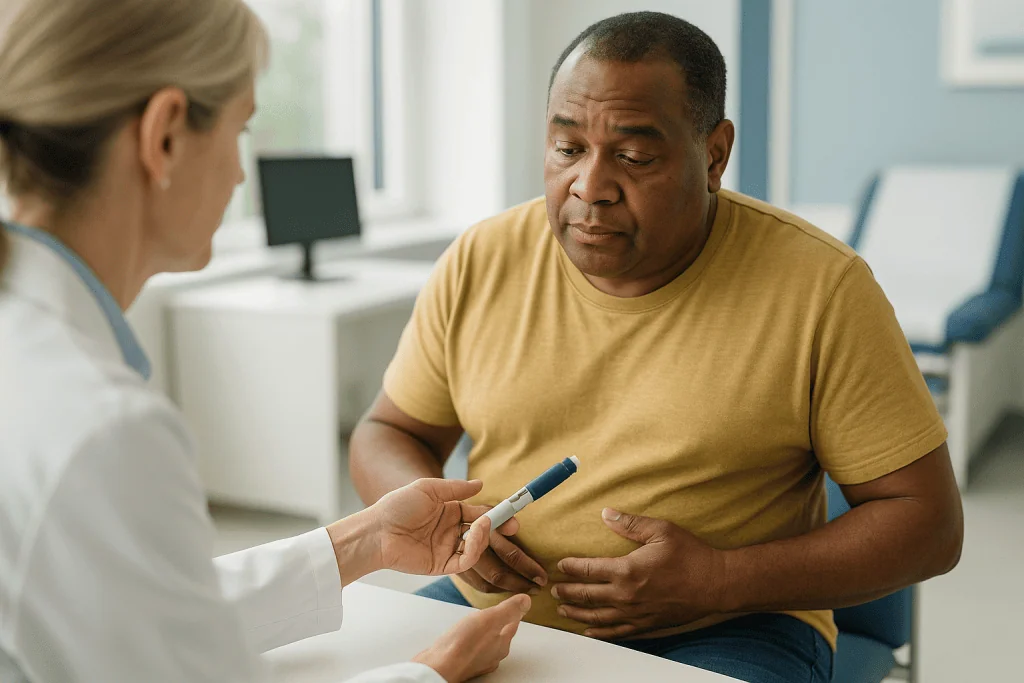 Healthcare provider discussing medical pen with patient: How GLP-1 medicines work in a body with prediabetes