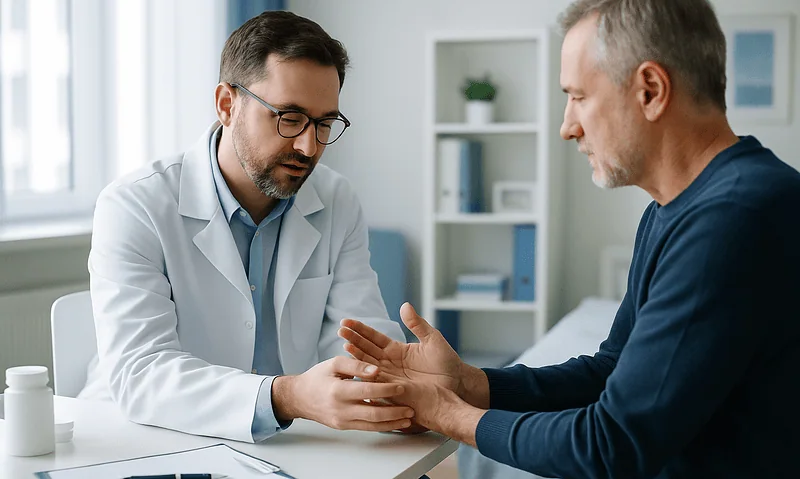 Doctor examining patient's hand for gout symptoms in a clinical setting.