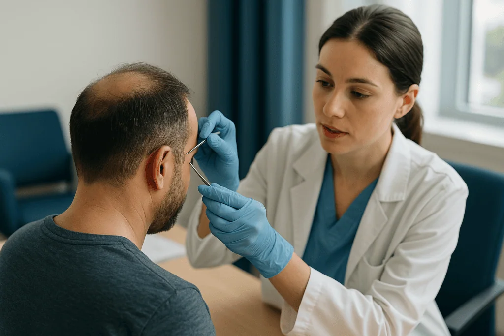 Medical examination of patient scalp with diagnostic tools: How graft placement works between existing hairs