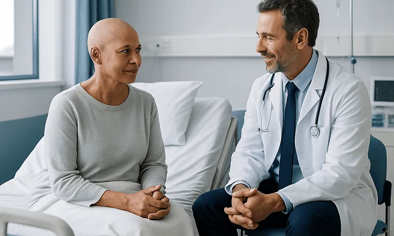 Doctor consulting with a patient in a hospital room.