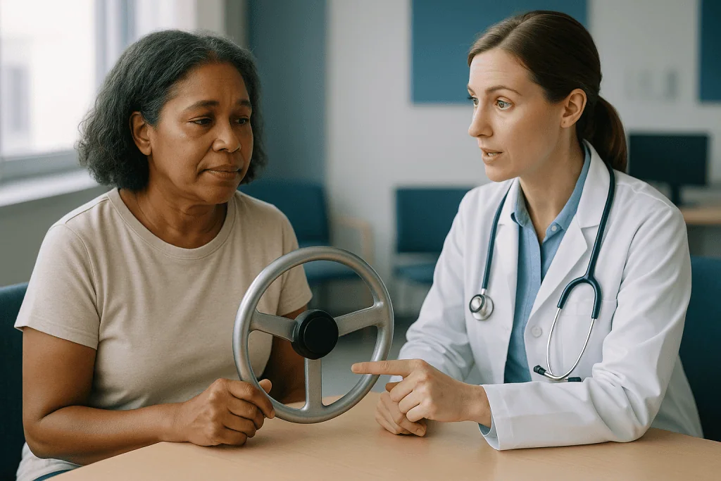 Doctor consulting patient, holding steering wheel prop: How Graves disease works: an antibody that acts like a stuck acceler