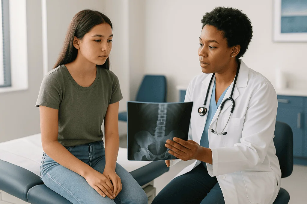 Doctor showing X-ray to adult patient in clinic: How growth is measured: Risser, hands and the pelvis