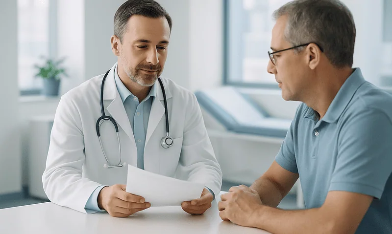 Doctor consulting with patient in a modern clinic setting.