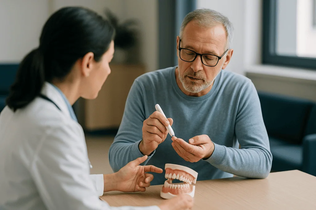 Dentist consulting patient about dental model and oral health: How gum disease and diabetes affect each other: the two-way s