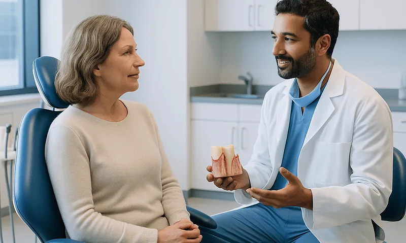 Dentist explaining gum graft procedure to an elderly patient in a clinic.