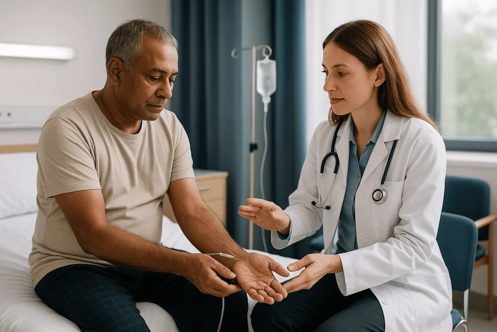 Doctor examining patient's arm or hand in hospital bed: How GVHD actually happens: donor immune cells meet a new body